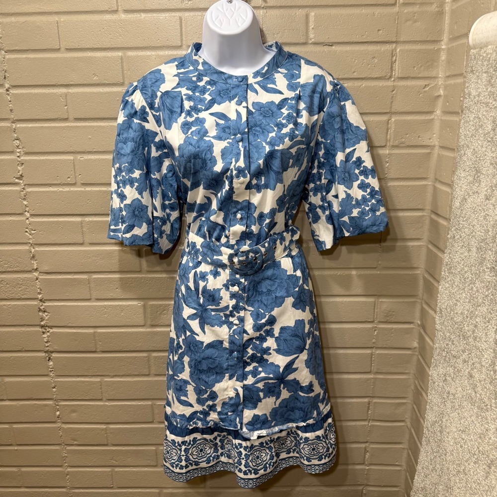 Joie Floral Belted Shirt Dress Puff Sleeve Cotton Mini Blue NWOT‎ 16 Preppy Chic